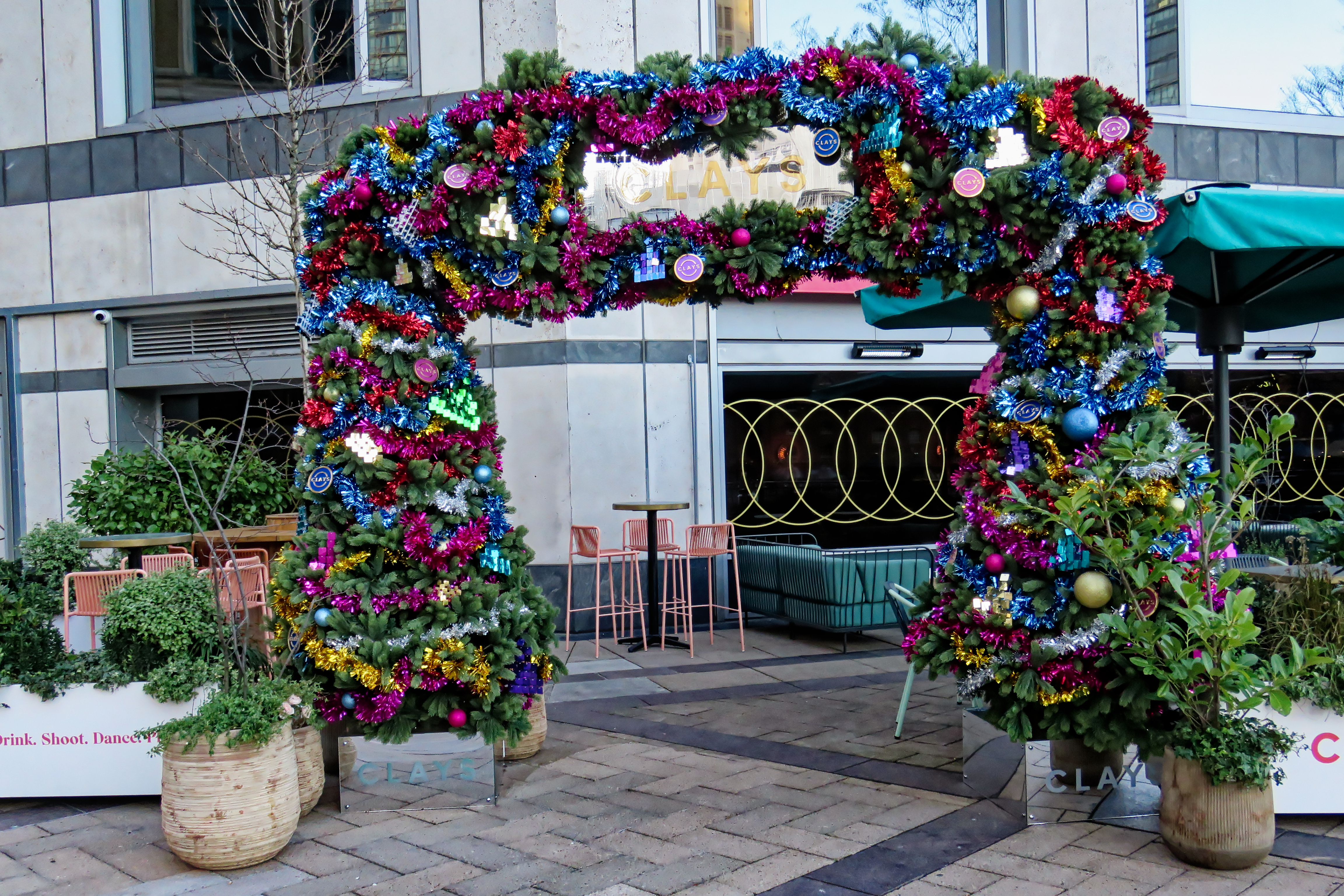 Clays Bar decorative Christmas arch entrance Canary Wharf London Docklands England